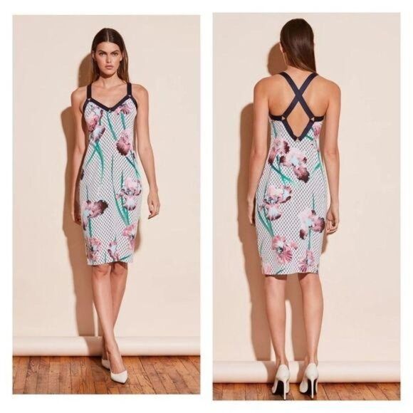 Fleur Du Mal Triangle Ring Stretch Floral Silk V-Neck Cross Back Strappy Dress